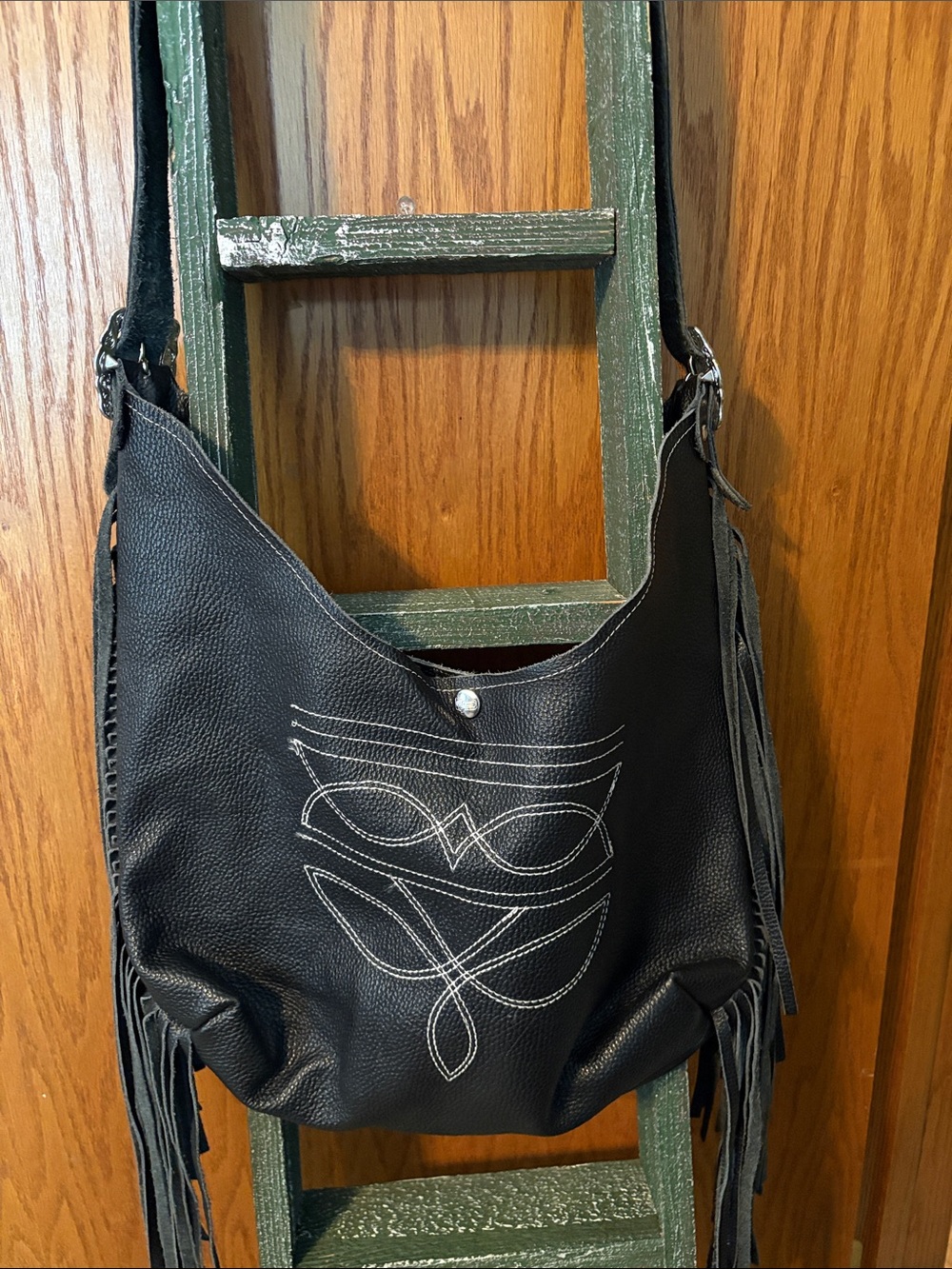Dancing Cactus Designs Leather Fringe Shoulder Bag with White Stitch